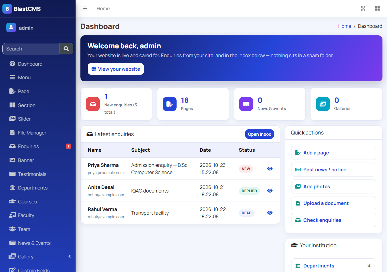 The real BlastCMS admin dashboard: new enquiries first, with pages, news and quick actions for your staff