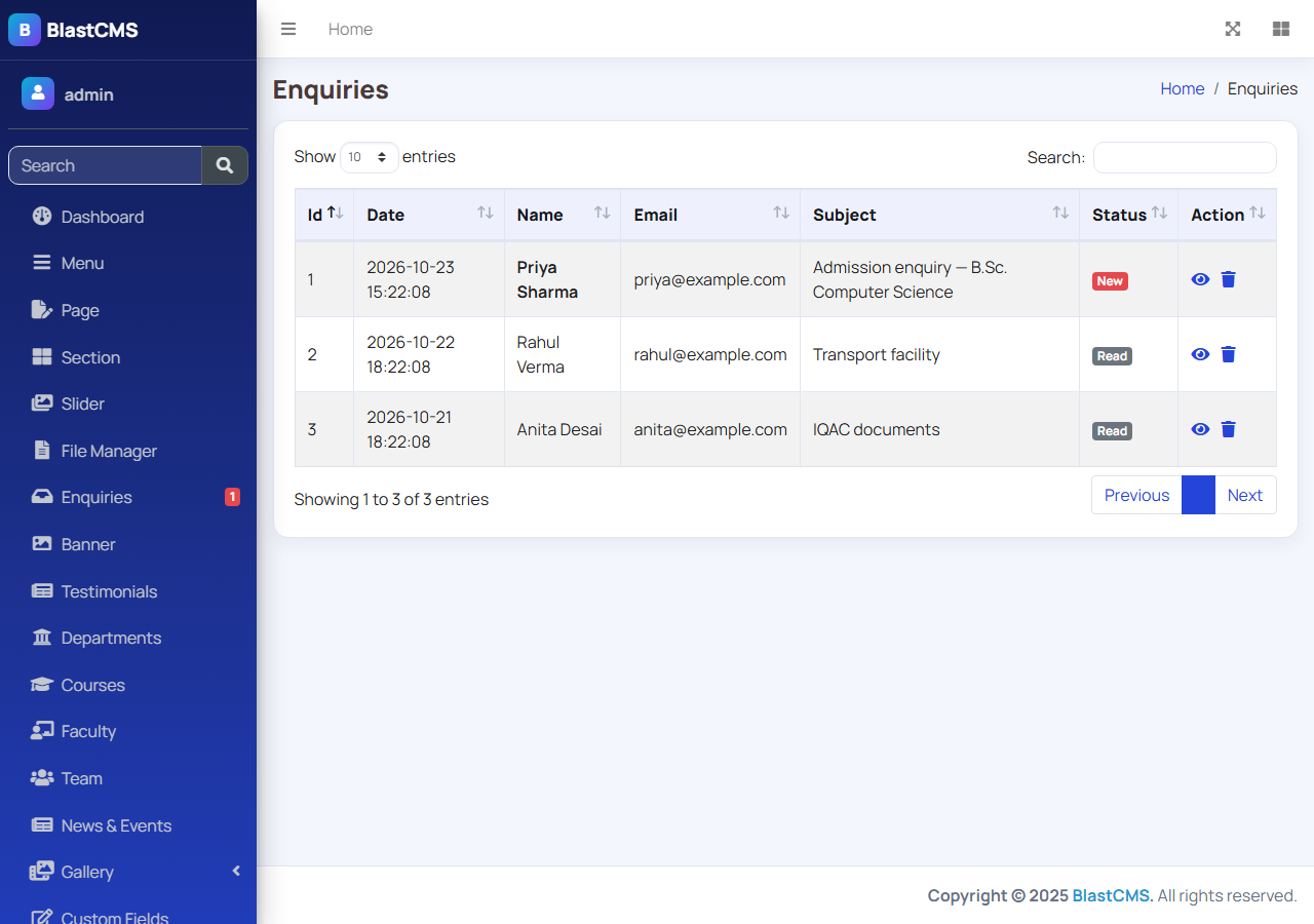 BlastCMS admin enquiries inbox with demo enquiries organised by status